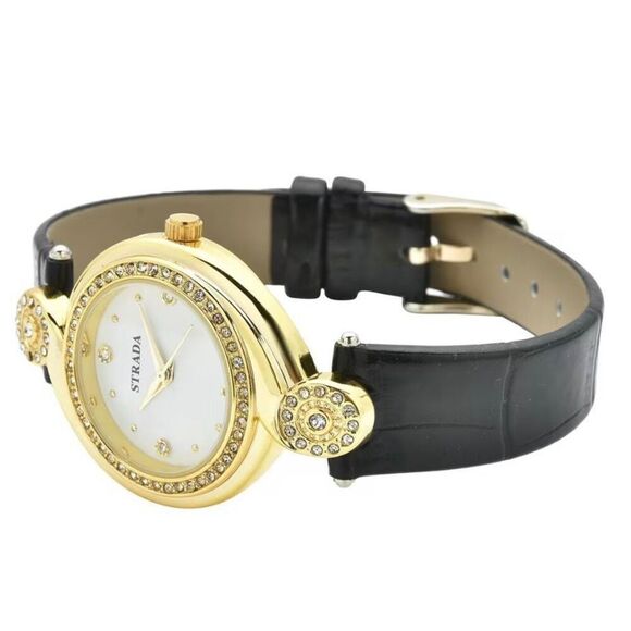 Strada Austrian Crystal Japanese Movement Watch with Black Faux Leather Strap - Picture 5 of 7